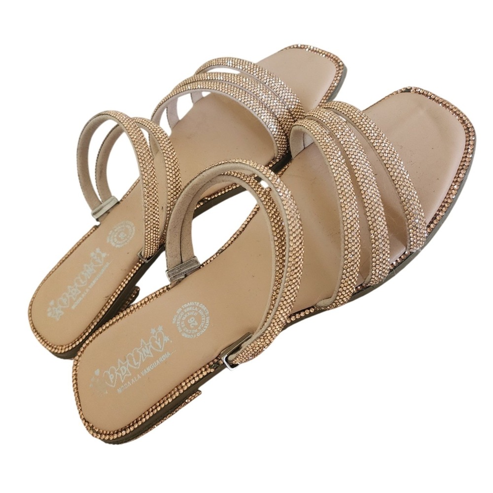 Moda a la Vanguardia Rose Gold Rhinestone Strappy Square Toe Flat Sandals Size 9